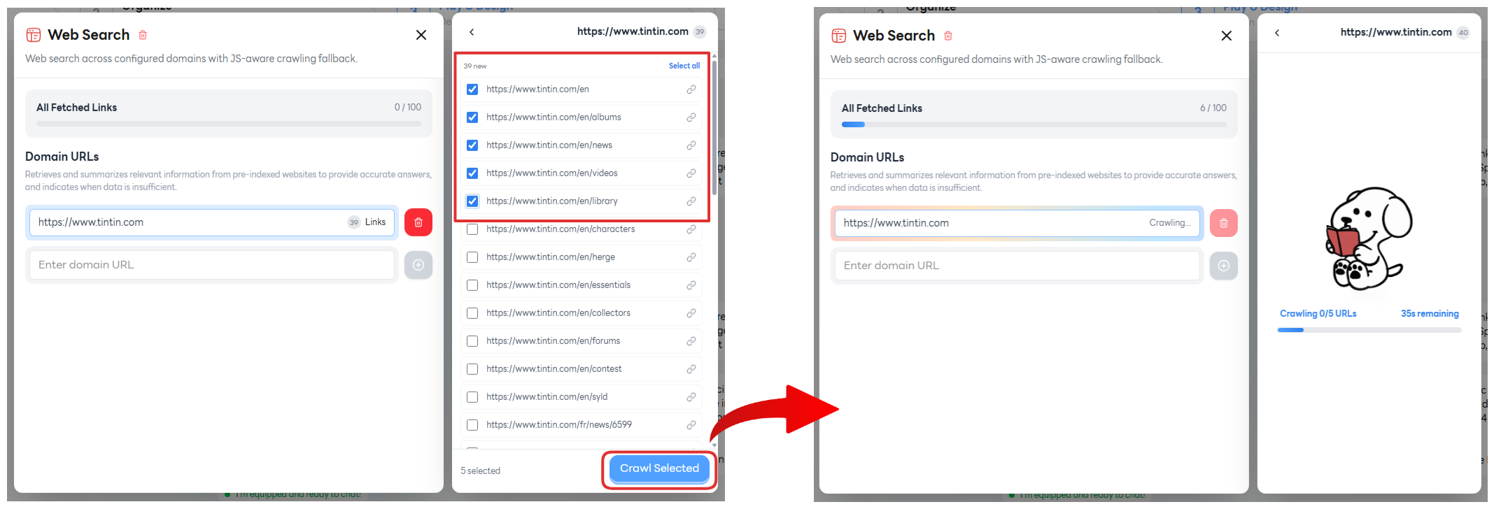 Select URLs and click Crawl Selected